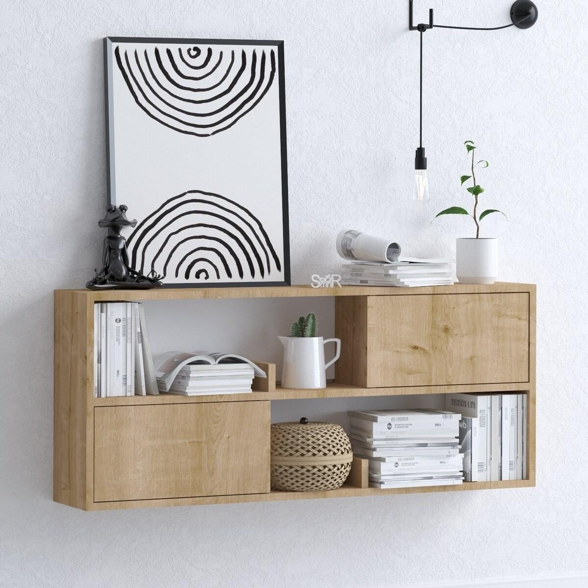 HÄNGEREGAL mit 2 Türen und 2 offenen Fächern Holzdekor Eiche lya 120/22/50 cm - Eschefarben, Holzwerkstoff (120/50/22cm) - Calicosy