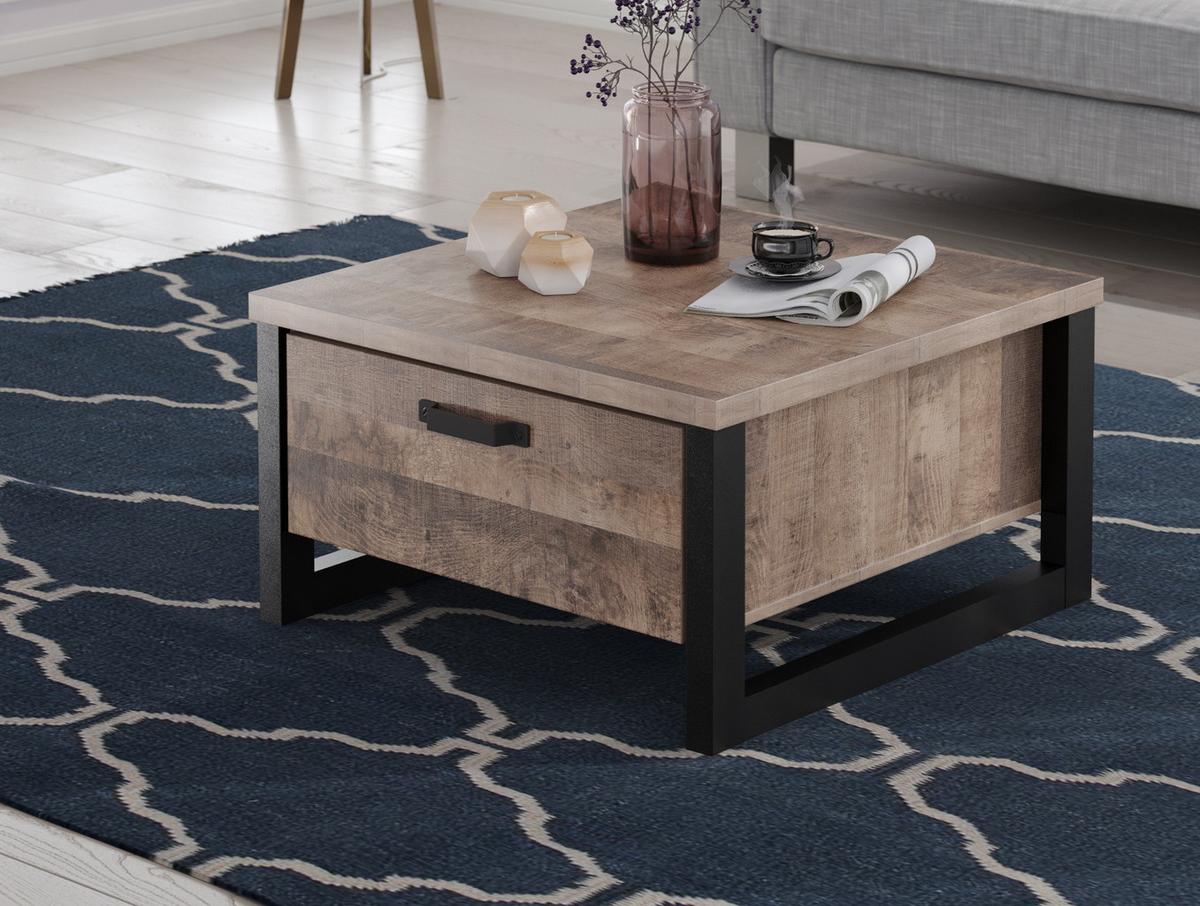 COUCHTISCH Eiche Tabak, schwarz 80 x 80 cm quadratisch, Beistelltisch mit 2x Schubkasten - Eichefarben/Schwarz, Holzwerkstoff/Kunststoff (80/80/45cm) - Top.Furn