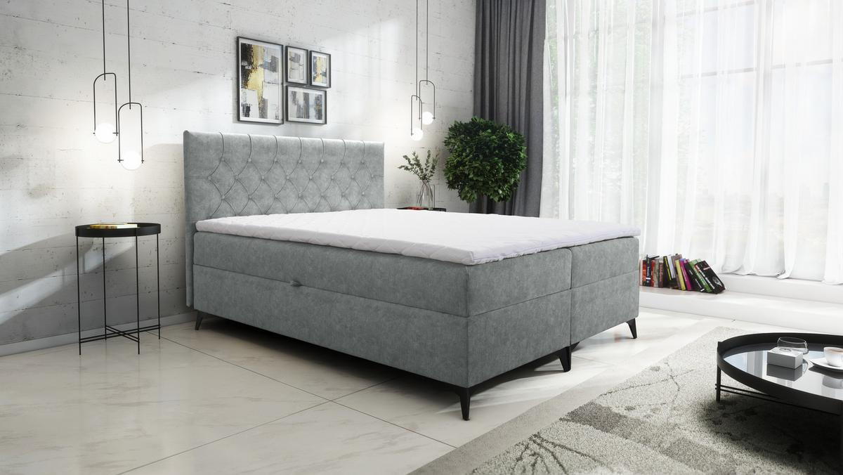 BOXBETT Palmeria 140/200 cm in Hellgrau – mit Bettkasten und Topper - Hellgrau/Schwarz, Holz/Holzwerkstoff (140/200cm) - AX Living