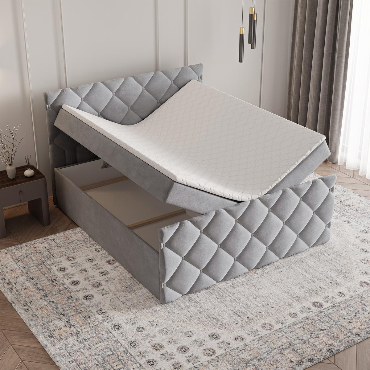 BOXBETT ROVARI 160x200 cm mit Matratze und Topper - Hellgrau - Hellgrau, Holz (160/200cm) - MASSENO