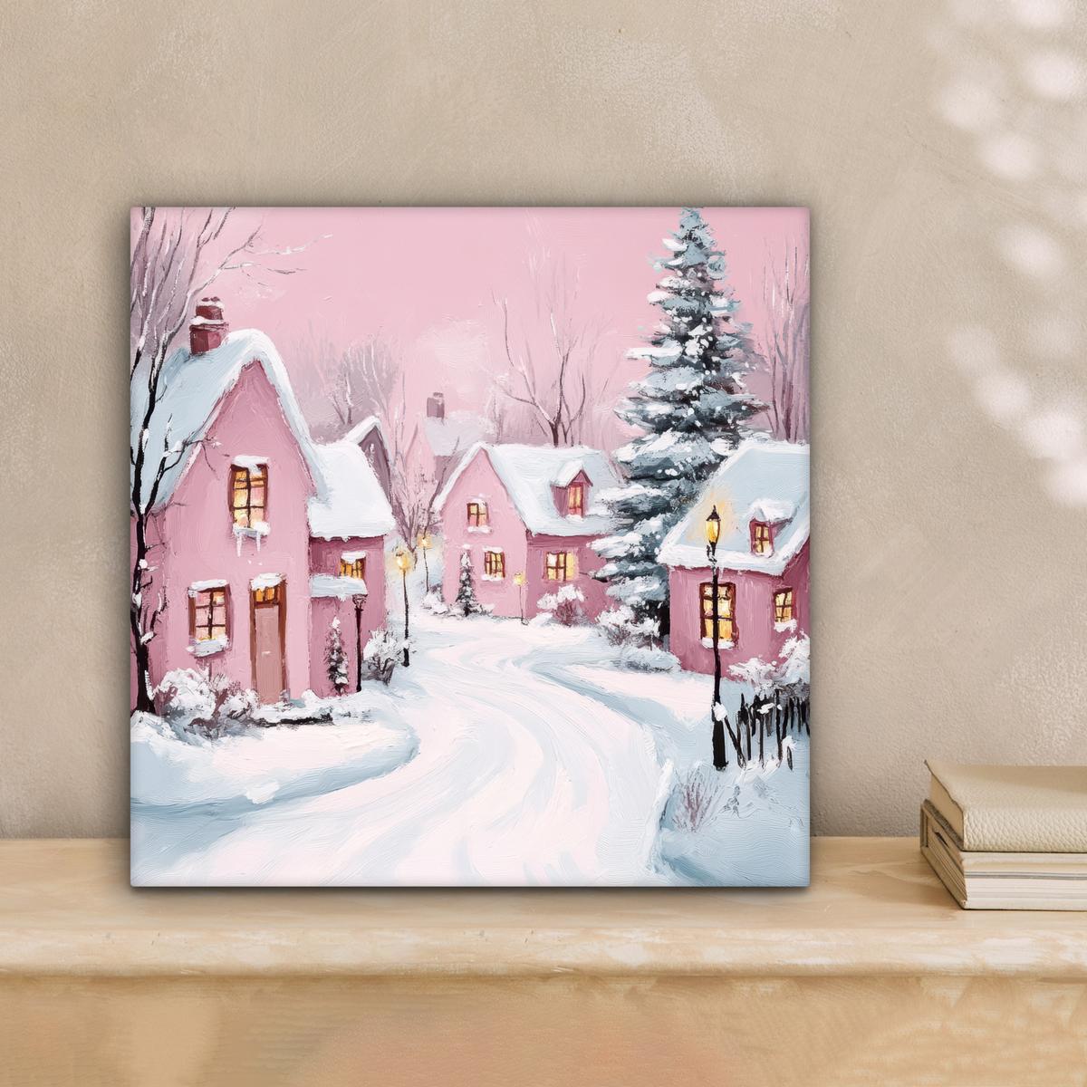 LEINWANDBILD Weihnachtsdorf - Rosa - Winter - Schnee - Häuser Deko Wohnzimmer 20x20 cm - Altrosa, Textil (20/20cm) - MuchoWow
