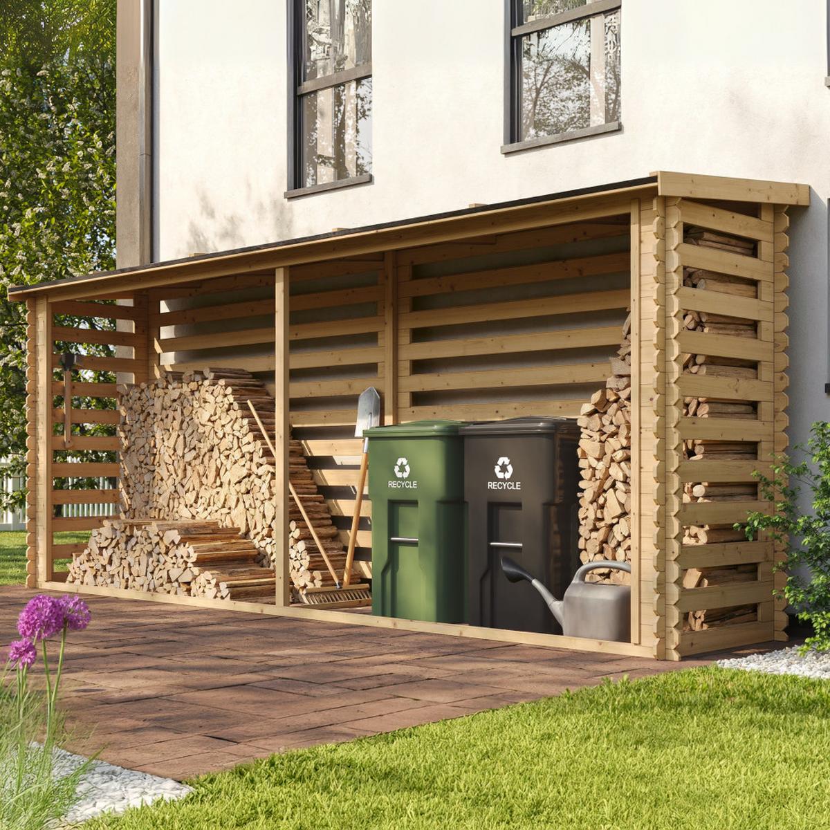 KAMINHOLZREGAL aus Holz 3,91 m², langes Brennholzregal mit Pultdach, ca. 6,95 m³ Brennholzkapazität, 458 x 112 x 199 cm (B x T x H) - Naturfarben, Holz (458/199/112cm) - Timbela