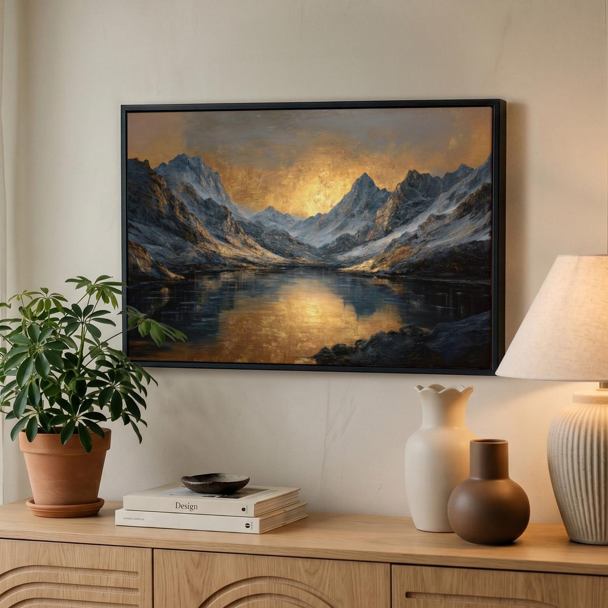 LEINWAND Bilder mit Rahmen - Bergkulisse mit goldenem Sonnenuntergang - 60x40 - Goldfarben, Textil (60/40cm) - MuchoWow