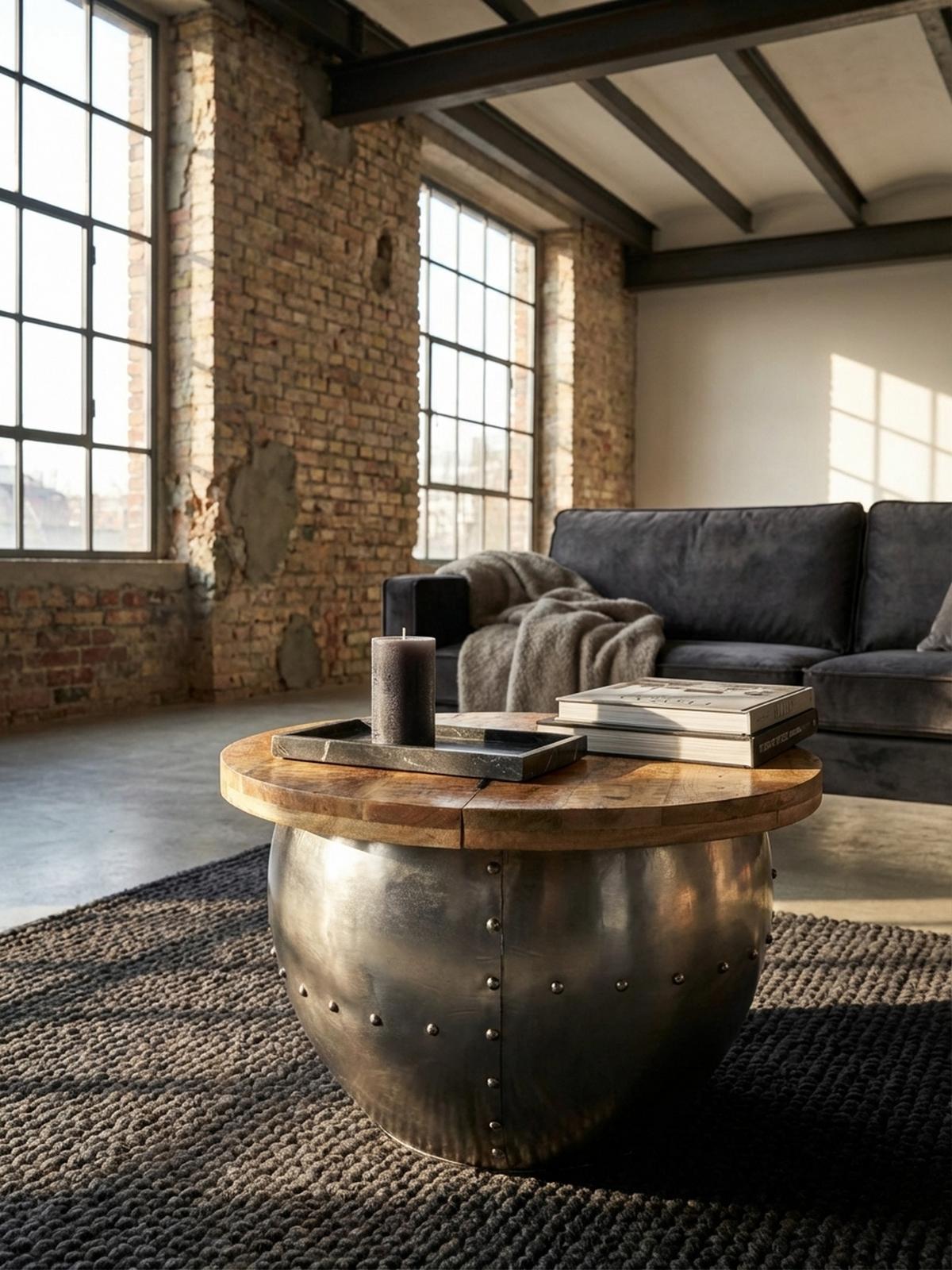 COUCHTISCH Rund in Braun, Massivholz und Metall, Industrial-Stil mit Stauraum - Silberfarben, Holz/Metall (60/60/43cm) - KADIMA DESIGN