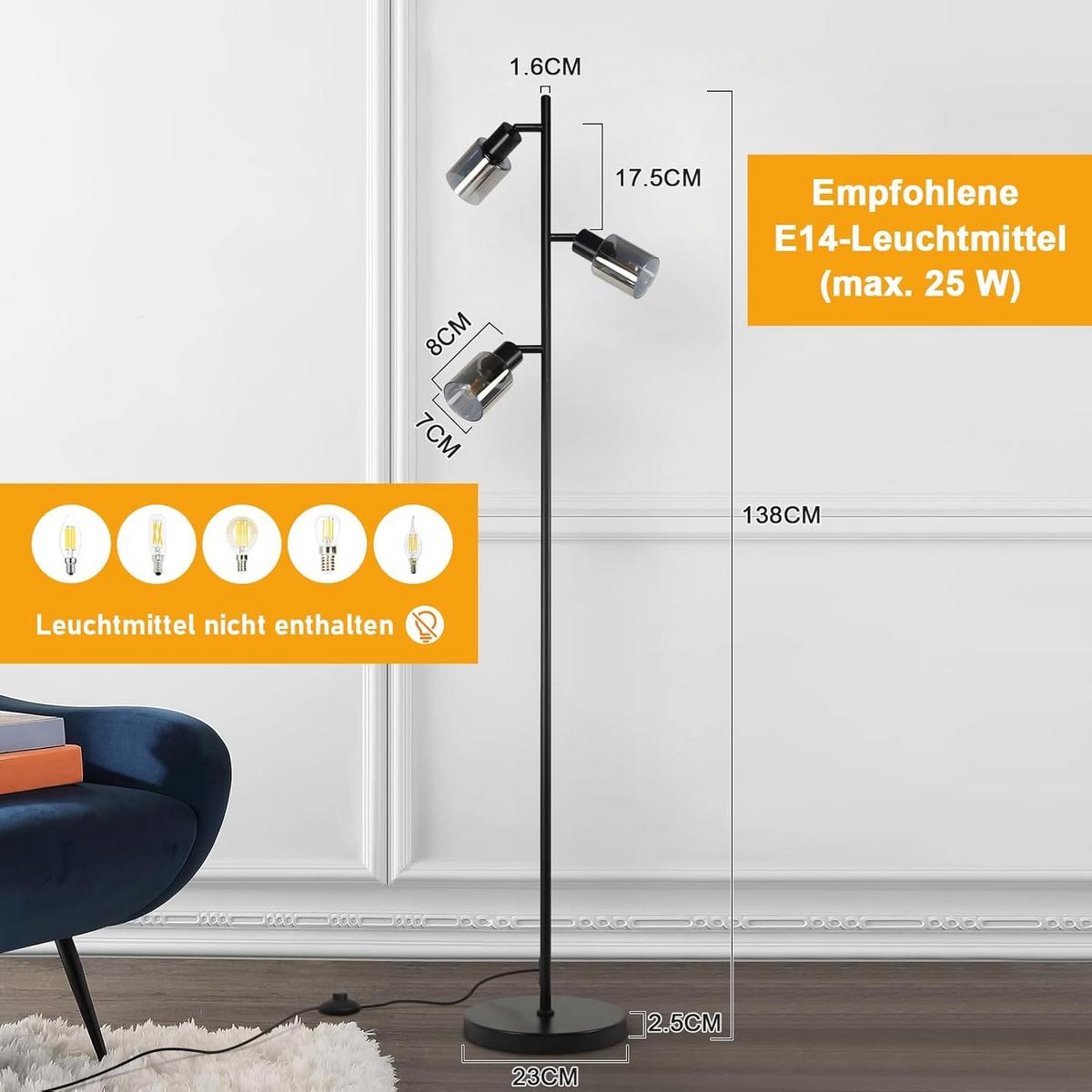 STEHLAMPE Elowen 23/23/138 cm - Schwarz, Glas/Metall (23/23/138cm) - ZMH