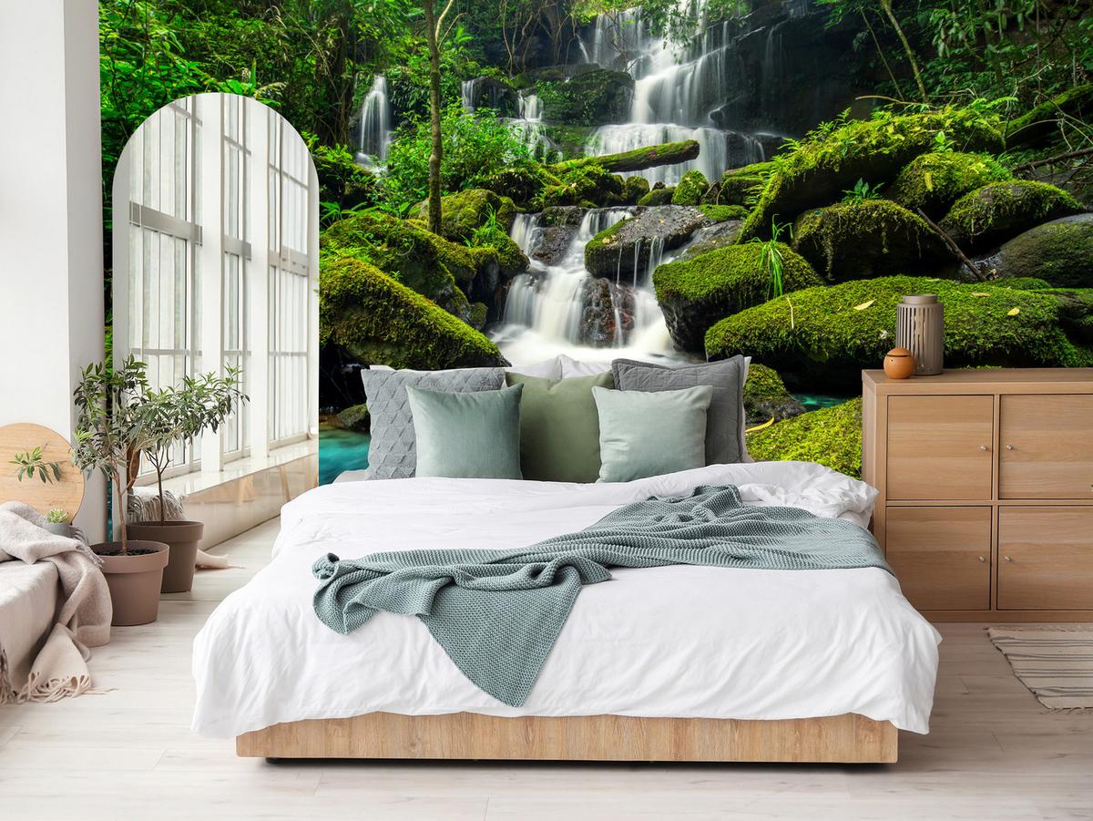 FOTOTAPETE für Küche Wasserfall Dschungel Bäume Steine Tropisch 250x175 - Türkis/Blau, Papier (250/175cm) - Muralo