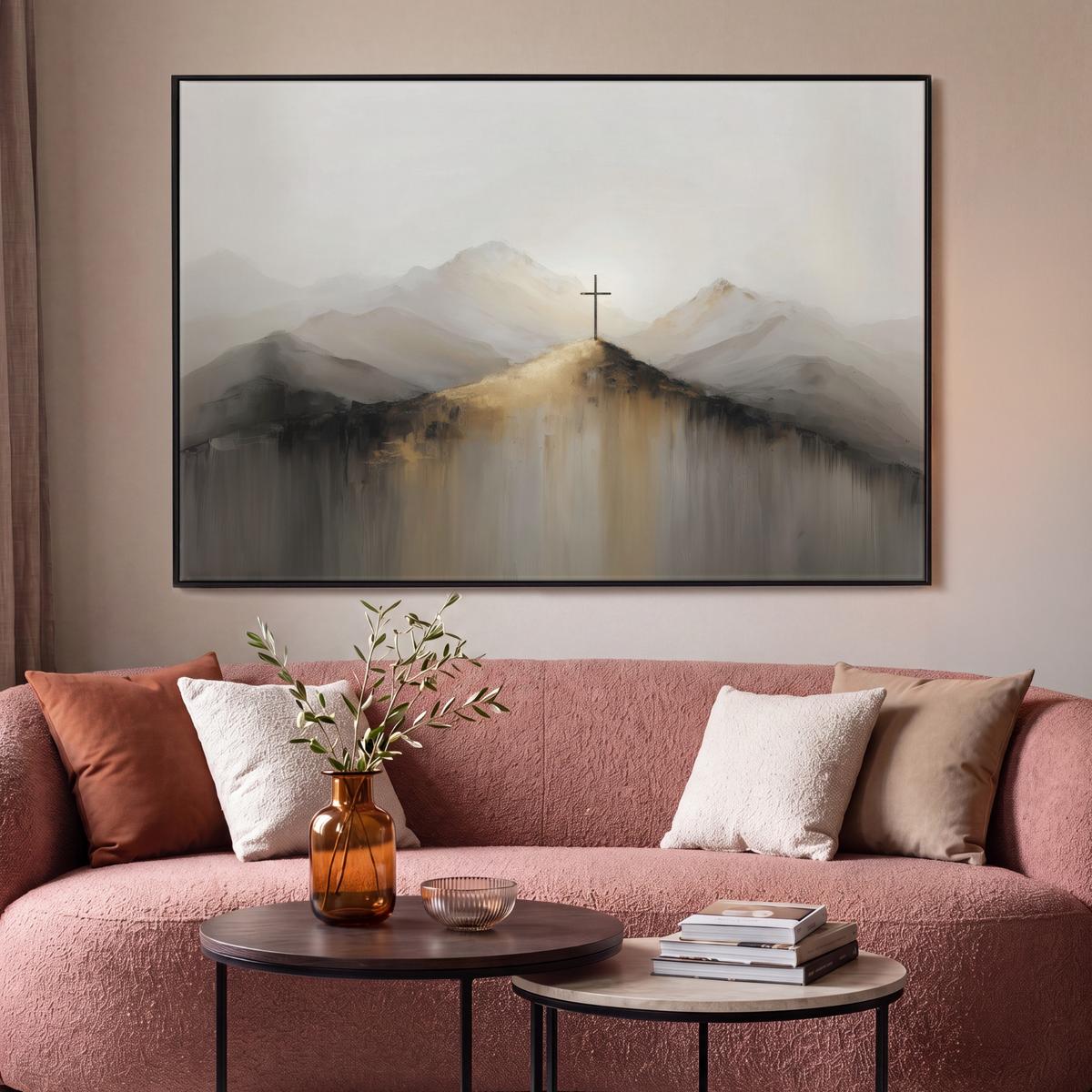 LEINWAND Bilder mit Rahmen - Hügel - Abstrakt - Kreuz - Christentum - 150x100 - Beige, Textil (150/100cm) - MuchoWow