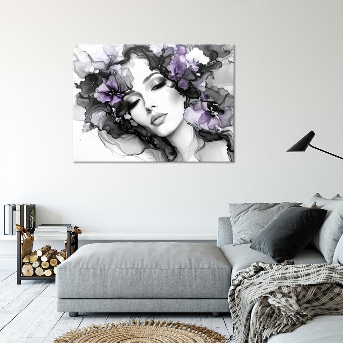LEINWANDBILD Frau mit violetten Blumen auf dem Kopf 120x80cm - Grau, Textil (120/80cm) - Feeby
