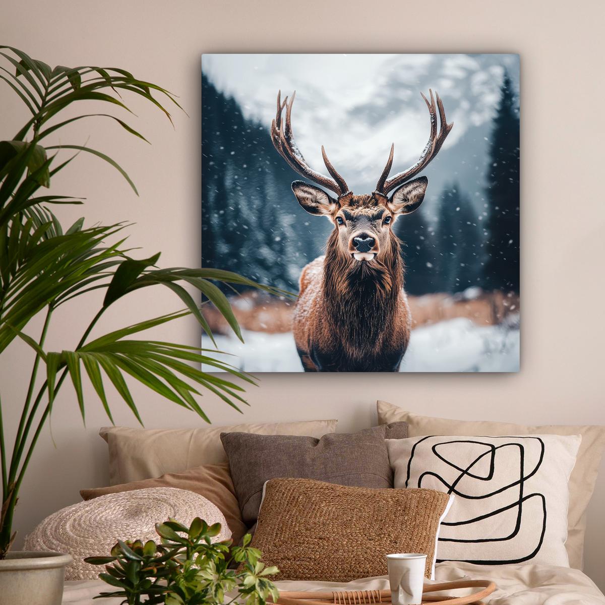 LEINWANDBILD Hirsche - Tiere - Landschaft - Winter - Schnee Deko Groß 90x90 cm - Kastanienfarben, Textil (90/90cm) - MuchoWow