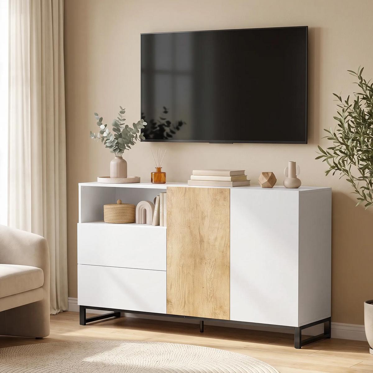 SIDEBOARD Spanplatte Stahl Weiß Eiche - Eichefarben/Schwarz, Holzwerkstoff/Metall (40/85/140cm) - HOMCOM
