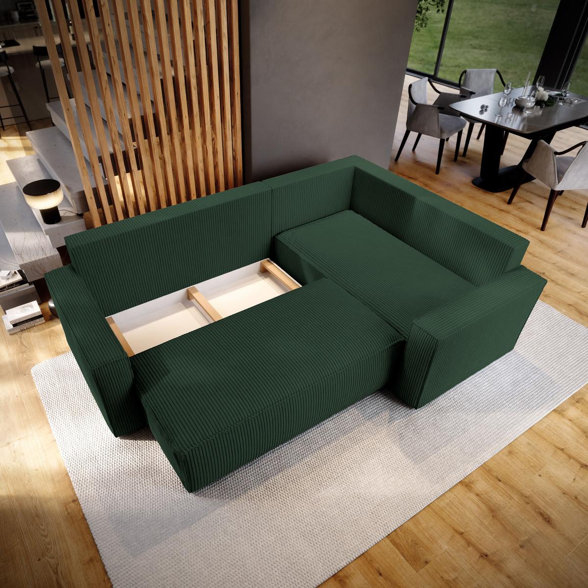 ECKSOFA ESTANO R-S Grün Kordstoff mit Schlaffunktion - Grün, Holz (230/158cm) - MASSENO