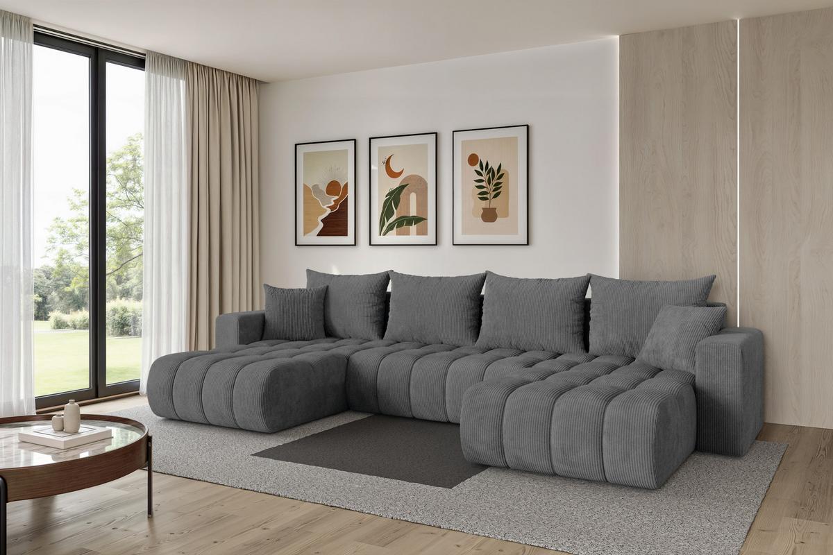 WOHNLANDSCHAFT mit Schlaffunktion und Bettkasten MILA-U-v1 378x194x86 Dunkelgrau Cord - Dunkelgrau/Schwarz, Holzwerkstoff/Kunststoff (378/86/194cm) - ALTDECOR