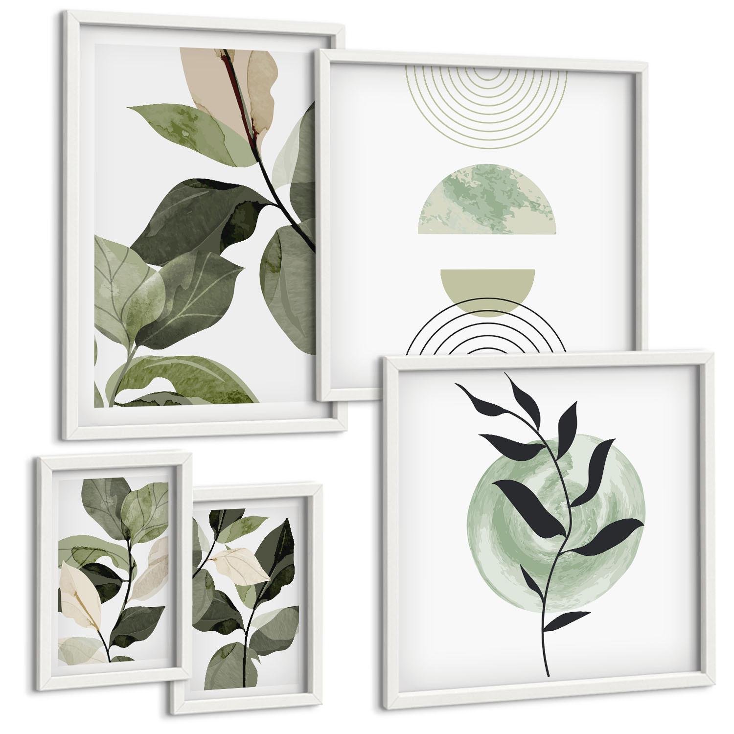 BILDER SET 5er Set - 50x50 cm & 20x30 cm & 40x60 cm Weißer Rahmen - Abstrakte Darstellung gemalter Blätter - Weiß, Kunststoff (40/60cm) - TULUP