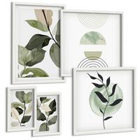 BILDER SET 5er Set - 50x50 cm & 20x30 cm & 40x60 cm Weißer Rahmen - Abstrakte Darstellung gemalter Blätter - Weiß, Kunststoff (40/60cm) - TULUP