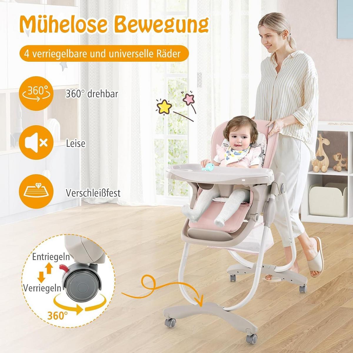 KINDERHOCHSTUHL Höhenverstellbar rosa - Pink, Kunststoff (102/92/55cm) - COSTWAY