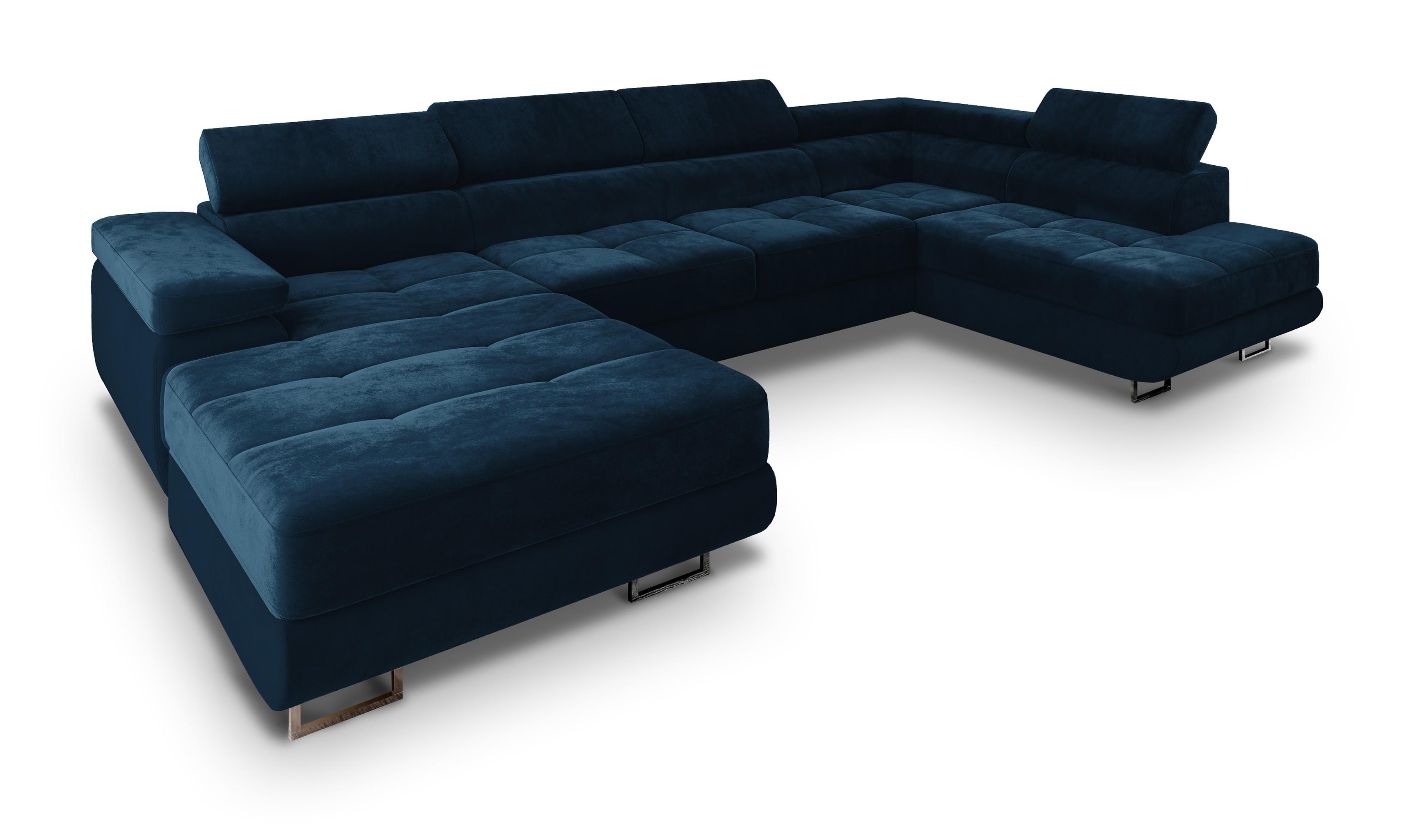 WOHNLANDSCHAFT CASONE R-S Blau Velours-Stoff mit Schlaffunktion - Blau/Silberfarben, Holz/Textil (345/90/202cm) - MASSENO