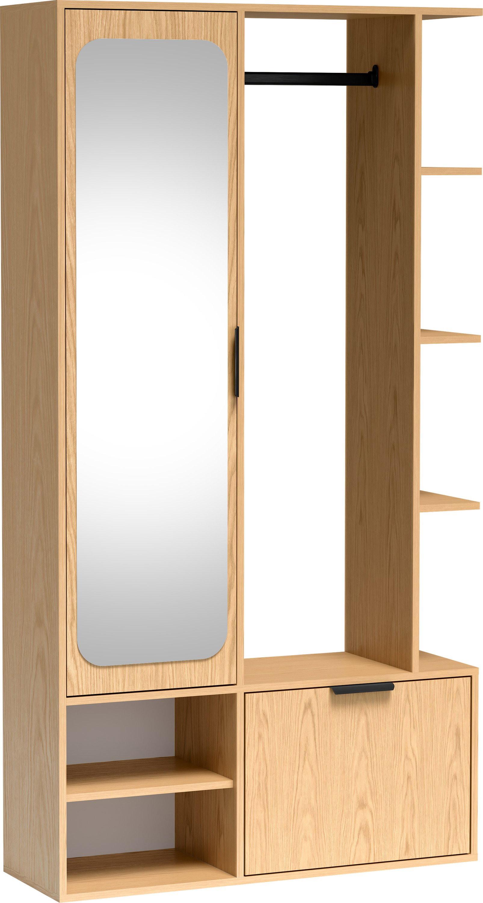 GARDEROBE Mela mit Spiegel, Sitzbank & Kleiderstange – 100/189/33 cm – Eiche Hellbraun - Eichefarben/Schwarz, Holzwerkstoff/Metall (100/189.4/33cm) - WFL GROUP