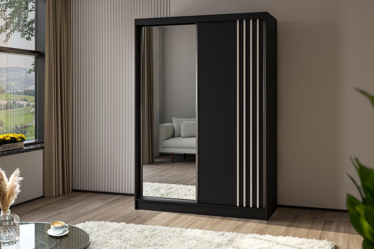 KLEIDERSCHRANK mit Spiegel-Schiebetüren und Aluminium-Leisten - NALLA - 150 cm Schwarz+Schwarz+Weiß - Schwarz/Weiß, Holzwerkstoff (150/216/61cm) - ALTDECOR