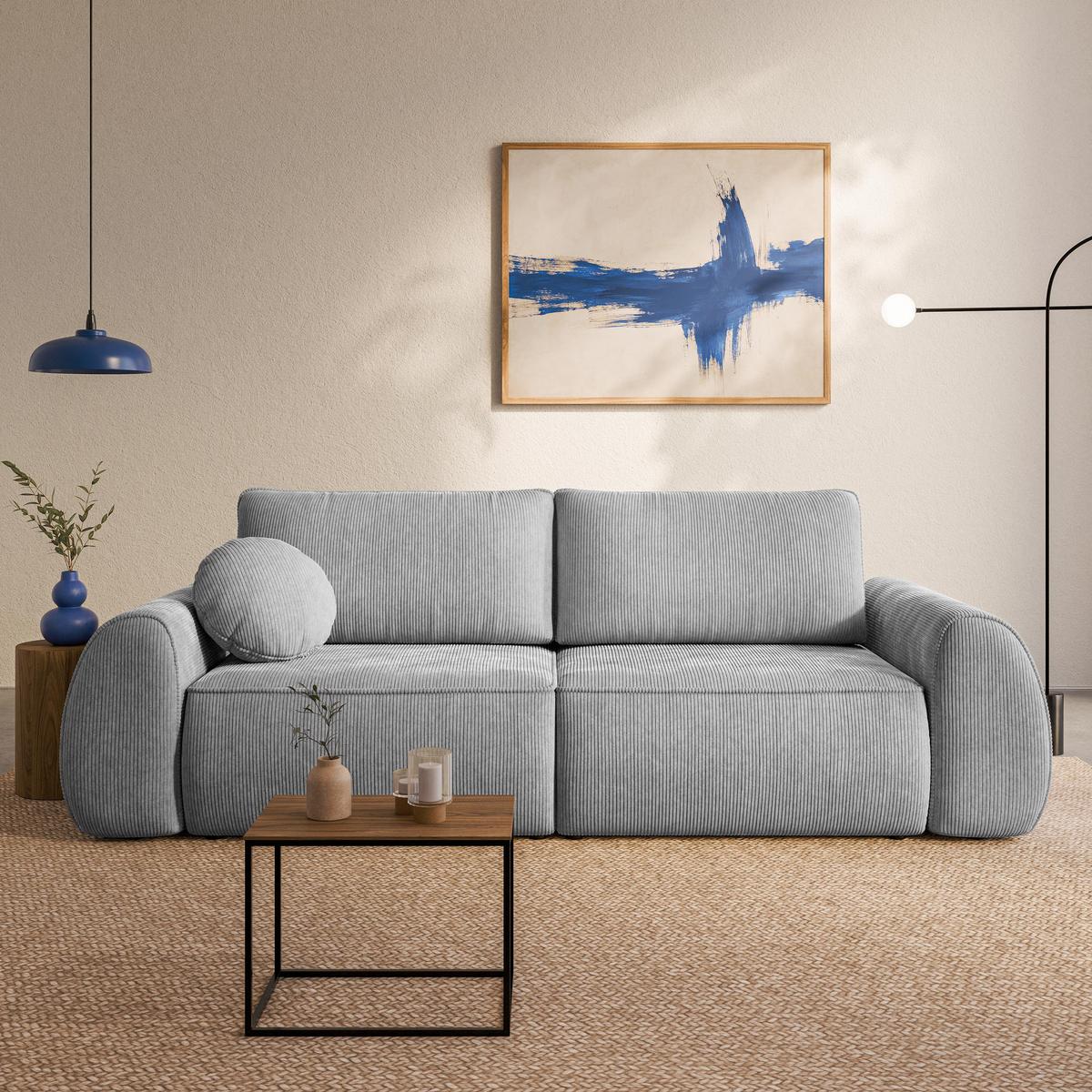 BETTSOFA ZEFEO Hellgrau Kordstoff mit Schlaffunktion - Hellgrau, Textil (264/96/106cm) - MASSENO