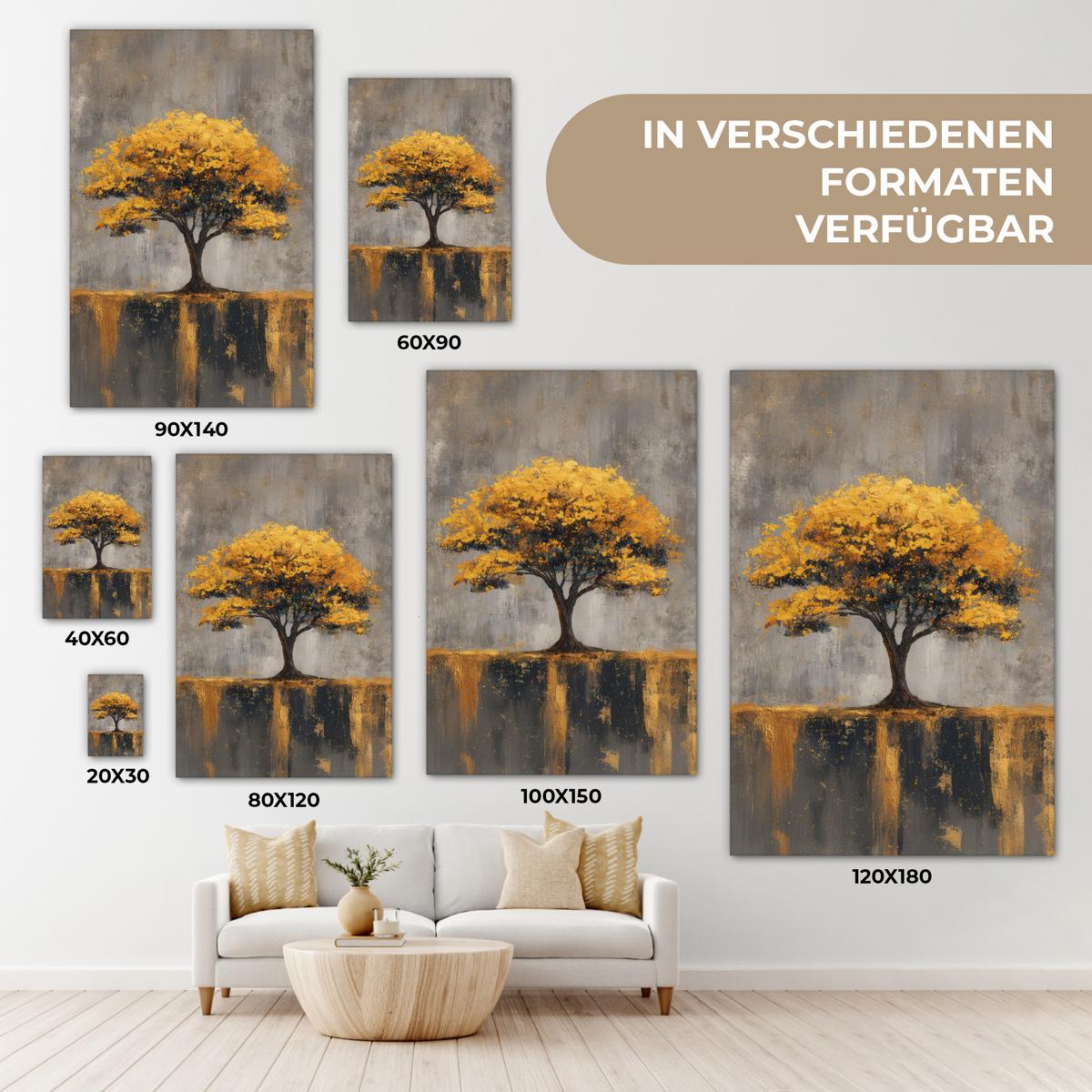 LEINWANDBILD Baum - Blätter - Gold - Abstrakt Deko XXL 80x120 cm - Grau, Textil (80/120cm) - MuchoWow
