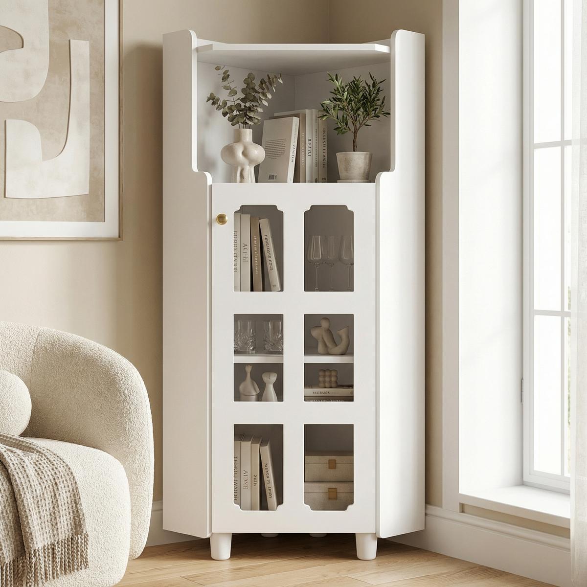 ECKSCHRANK in Weiß lackiert mit App-gesteuerter LED & Glasvitrine - Weiß, Holzwerkstoff (63/124/45cm) - Urban Meuble
