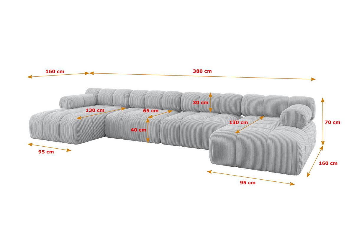 WOHNLANDSCHAFT modulares Sofa Tesso-U2 - 380x160x70 cm Grau Cord - Grau, Holzwerkstoff/Textil (380/70/160cm) - ALTDECOR