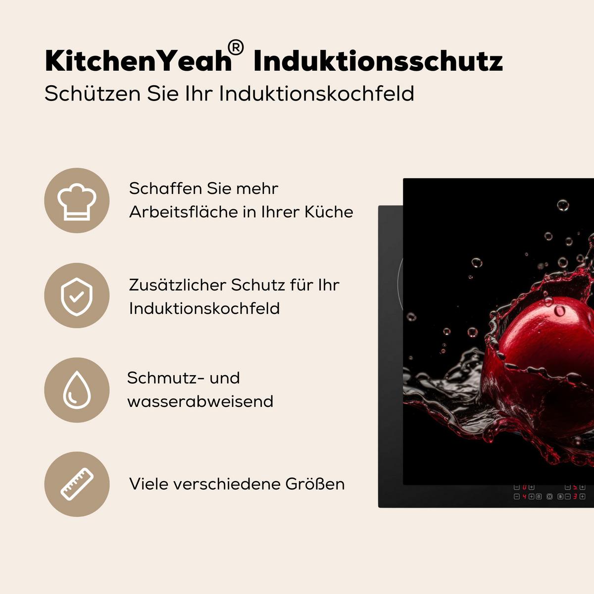 HERDABDECKPLATTE Kirsche - Rot - Frucht - Wasser - Schwarz Induktionsmatte 77x59 cm - Kirschrot, Kunststoff (77/59/0.2cm) - MuchoWow