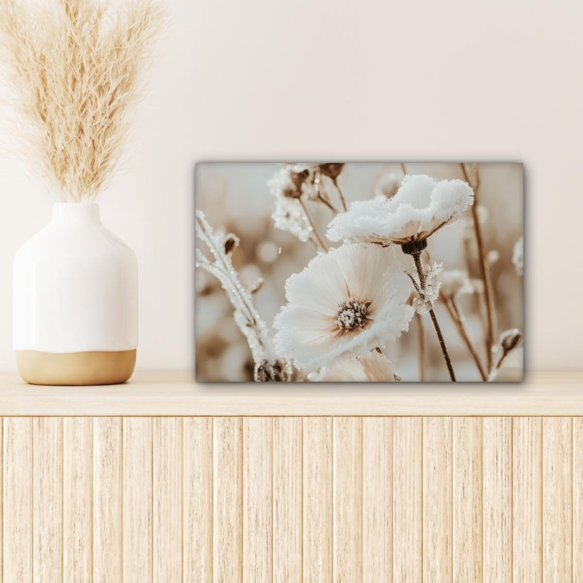 LEINWANDBILD Blumen - Winter - Weiß - Schnee - Beige Deko Schlafzimmer 30x20 cm - Creme, Textil (30/20cm) - MuchoWow