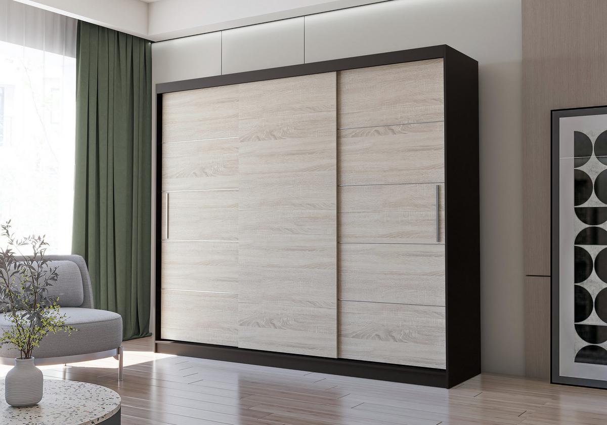 SCHWEBETÜRENSCHRANK Alba ohne Spiegel Schwarz/Sonoma Eiche, ohne LED Beleuchtung 250 cm - Alufarben/Schwarz, Holzwerkstoff/Metall (250/218/61cm) - imoebel24