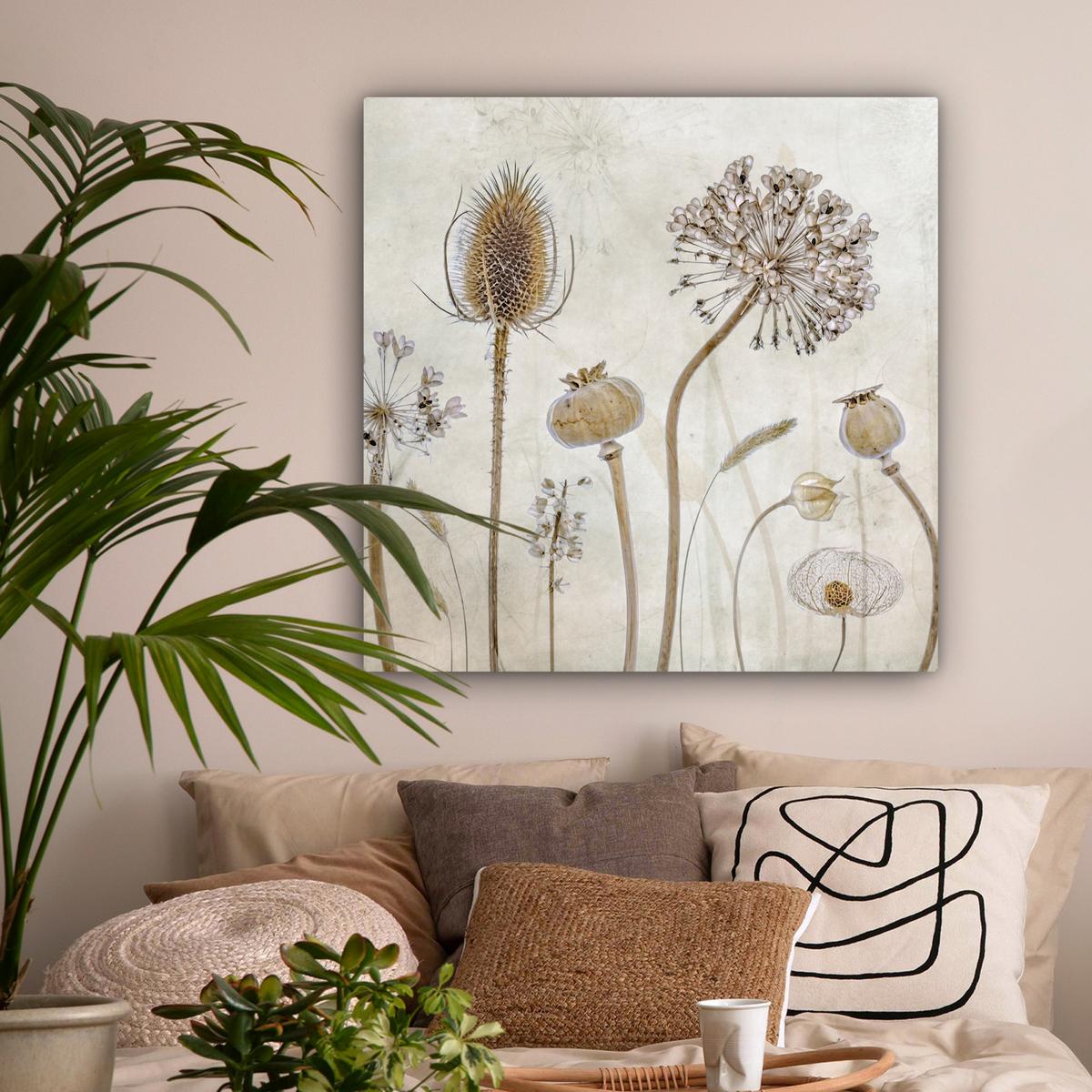 LEINWANDBILD Blumen - Aquarell - Stilleben - Braun - Vintage Deko Groß 90x90 cm - Beige, Textil (90/90cm) - MuchoWow