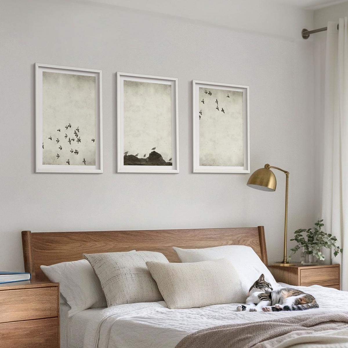 BILDER SET 3er Set - 40x60 cm Weißer Rahmen - Vögel im Flug, minimalistischer Stil - Weiß, Kunststoff (40/60cm) - TULUP