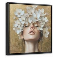 LEINWAND Bilder mit Rahmen - Gesicht - Blumen - Gold - Abstrakt - 20x20 - Goldfarben, Textil (20/20cm) - MuchoWow