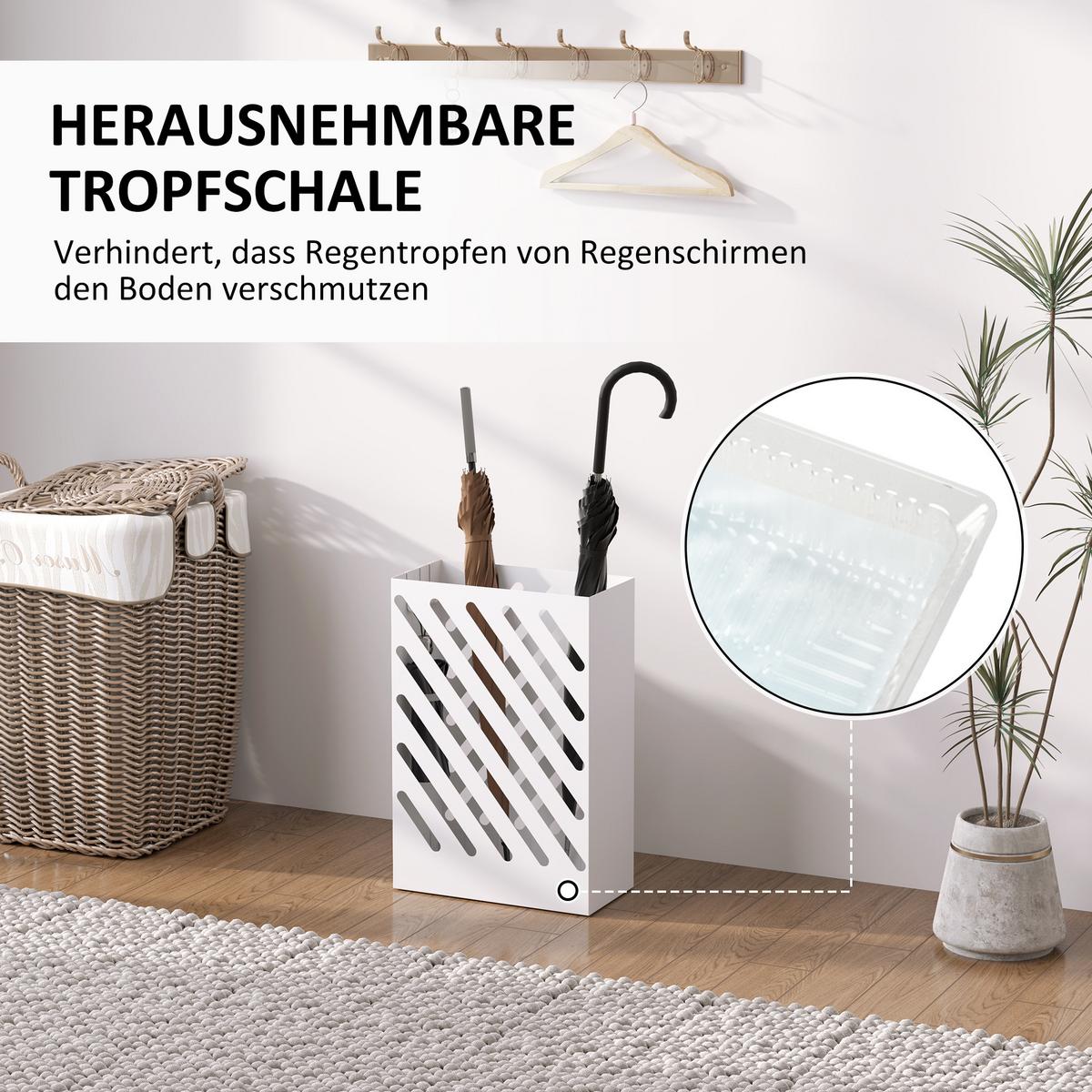 SCHIRMSTÄNDER Regenschirmständer mit 4 Haken und Wasserauffangschale Weiß - Weiß, Metall (14/41/28cm) - HOMCOM