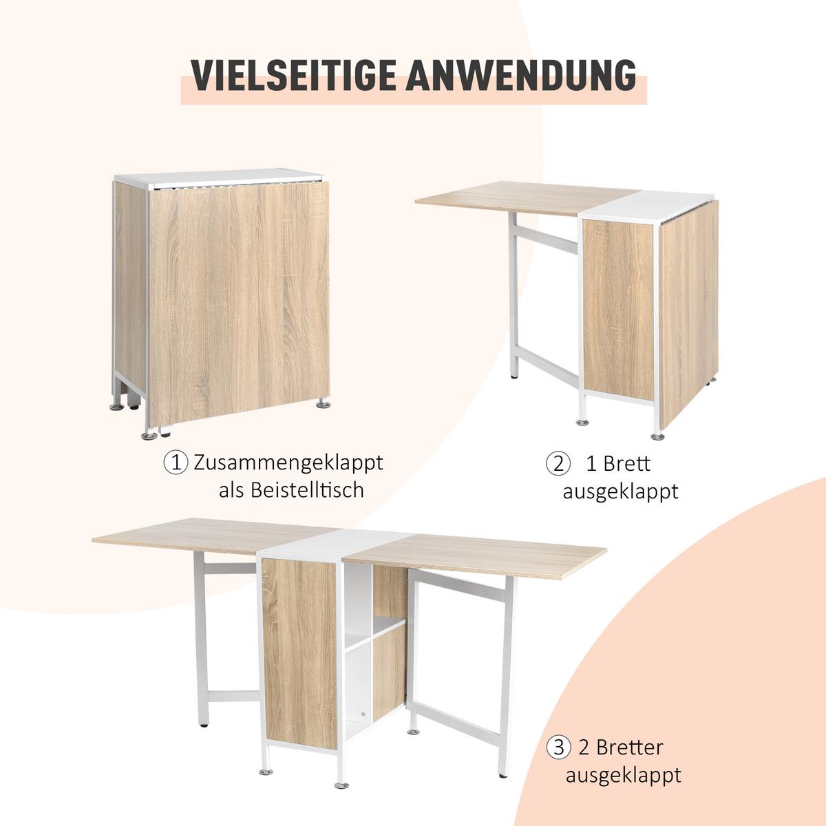 KLAPPTISCH Esstisch Beistelltisch Eiche Metallrahmen Küche Wohnzimmer Natur+Weiß - Naturfarben/Weiß, Holzwerkstoff/Kunststoff (169/60/75cm) - HOMCOM