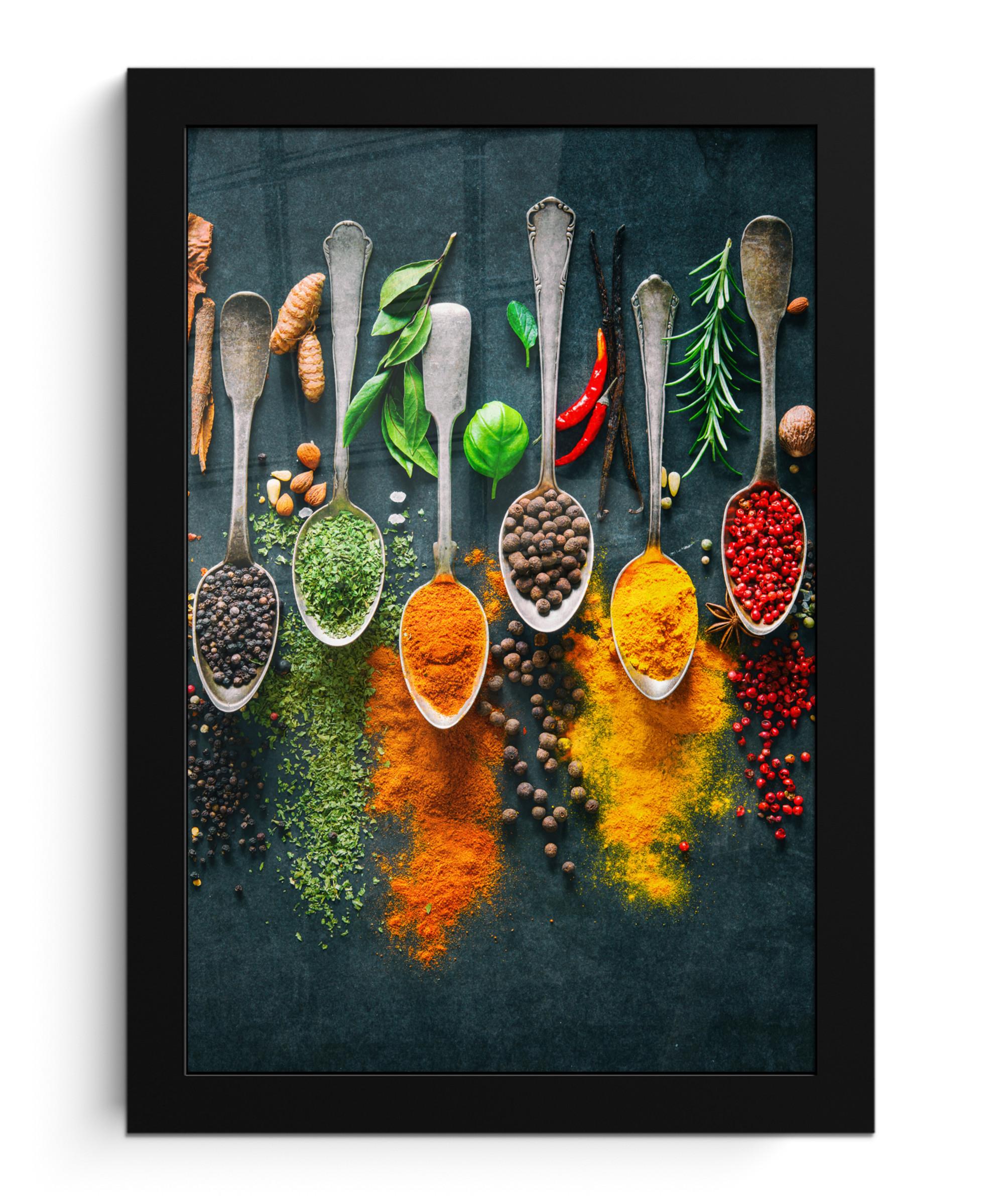 POSTER MIT RAHMENGERAHMTES BILD Kräuter - Gewürze - Löffel Poster 20x30 cm - Currygelb, Papier (20/30cm) - MuchoWow