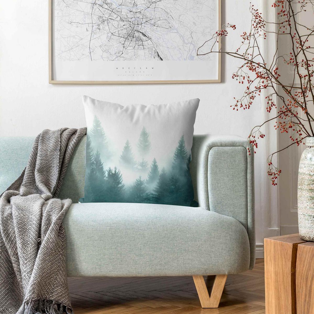 DEKOKISSEN Nadelwald im Nebel 50/50 cm - Beige, Textil (50/50/10cm) - Bilderwelten
