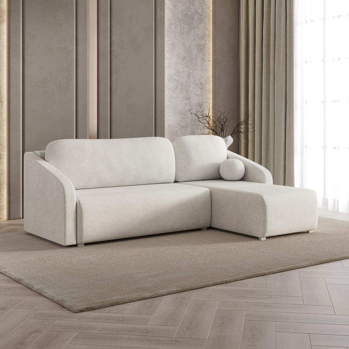 ECKSOFA MARELLO Creme Geflochtener Stoff mit Schlaffunktion - Creme, Holz (220/143cm) - MASSENO