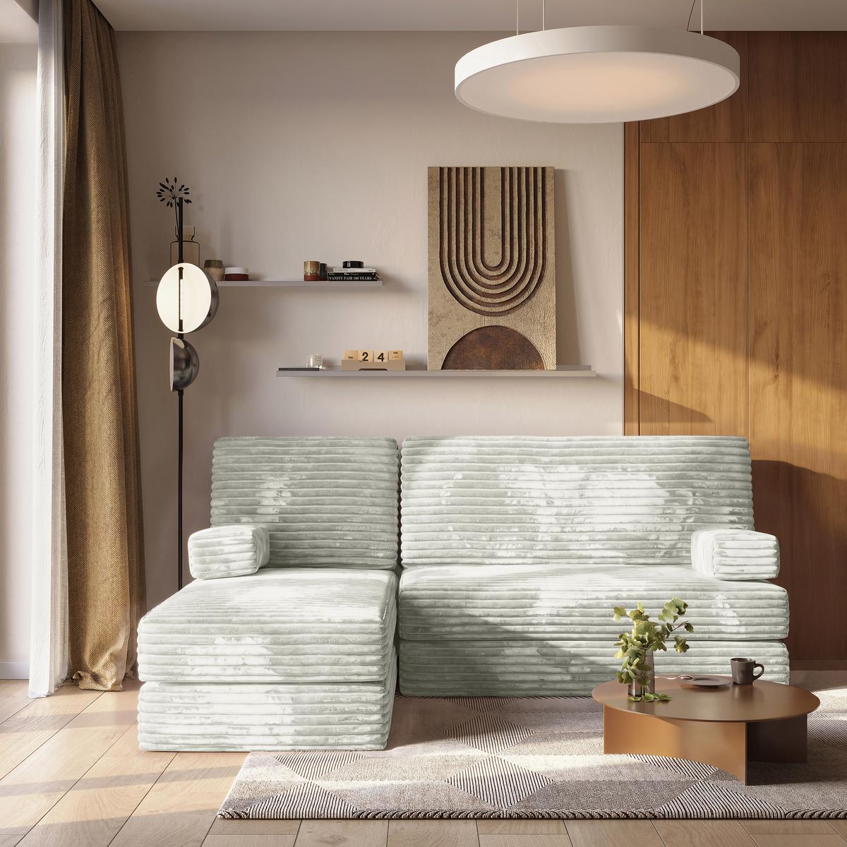 ECKSOFA NOTIA modulares Boneless Sofa mit Schlaffunktion Hellgrau Kordstoff - Hellgrau, Textil (200/120cm) - MASSENO
