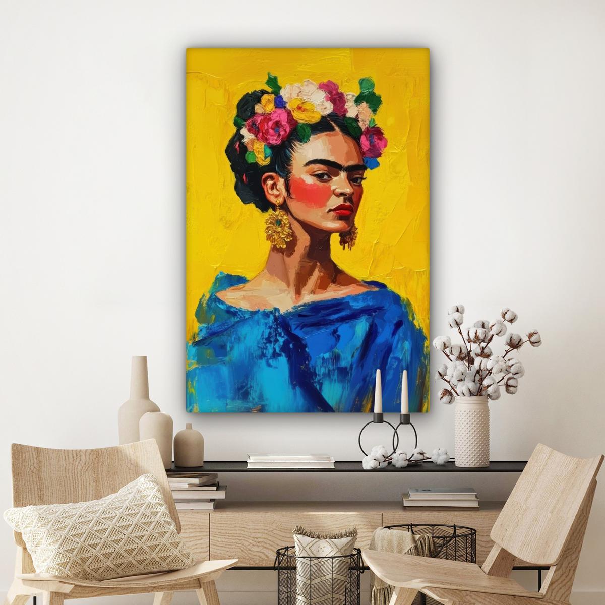 LEINWANDBILD Frida Kahlo - Frau - Gelb - Blau - Blumen Deko XXL 80x120 cm - Gelb, Textil (80/120cm) - MuchoWow