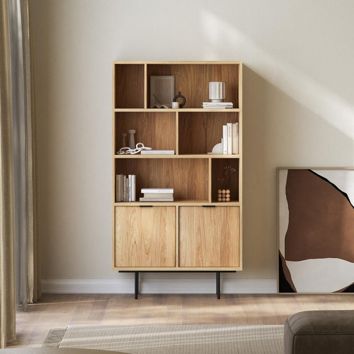 BÜCHERREGAL Evron mit 4 offene Regalböden, Hikora Eiche - Eichefarben/Schwarz, Holzwerkstoff/Metall (90/185/35cm) - Beautysofa