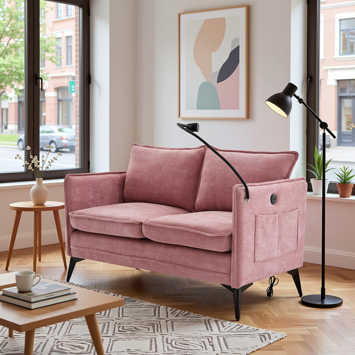 2-SITZER SOFA Chenille Mit Handy-Halter & Seitentaschen - Pink, Textil (127/66/69cm) - Urban Meuble