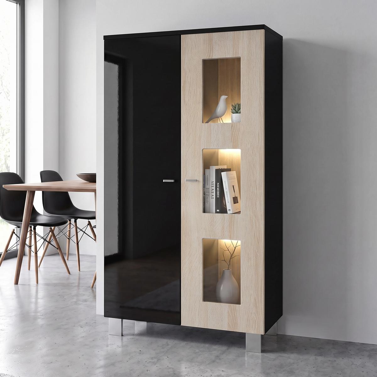 VITRINE Denjo Tür in Eiche sägerau - Eiche San Remo, Holzwerkstoff (71/129/35cm) - Vladon