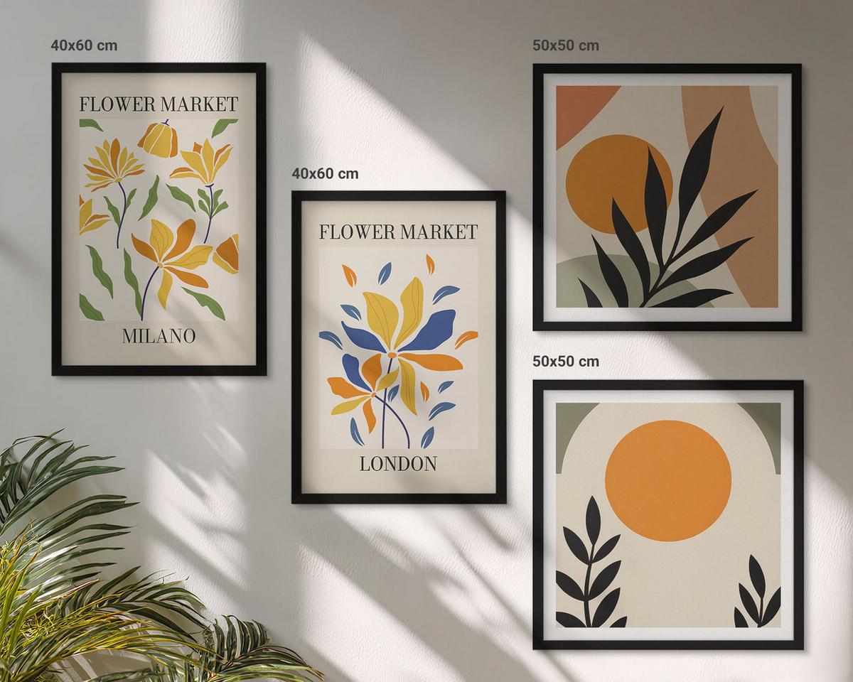 BILDER SET 4er Set - 50x50 cm & 40x60 cm Schwarzer Rahmen - Blumenposter Paris Mailand - Schwarz, Kunststoff (50/50cm) - TULUP