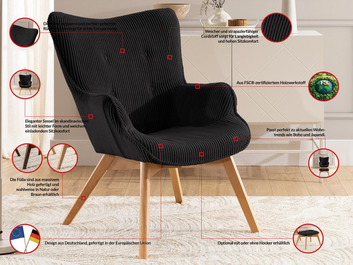 LOUNGESESSEL Lenari Schwarz Cordstoff mit Füßen in Natur - Schwarz/Naturfarben, Holz/Textil (71/96/86cm) - S-Style Möbel
