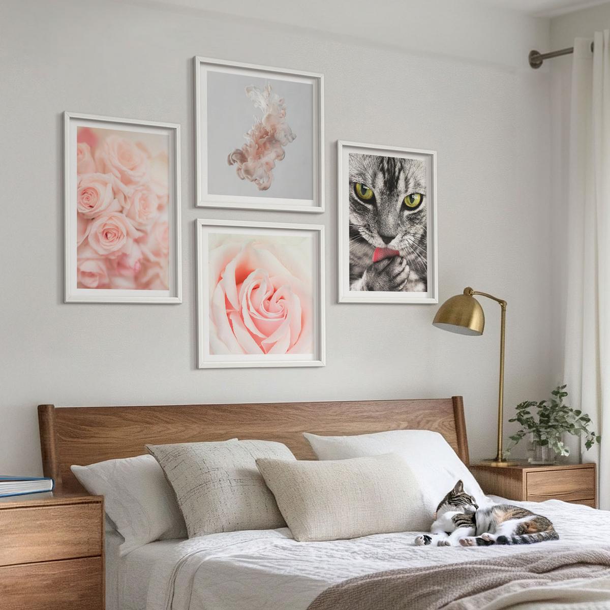 BILDER SET 4er Set - 50x50 cm & 40x60 cm Weißer Rahmen - Abstrakte Darstellung von grauen Katzenrosen - Weiß, Kunststoff (50/50cm) - TULUP