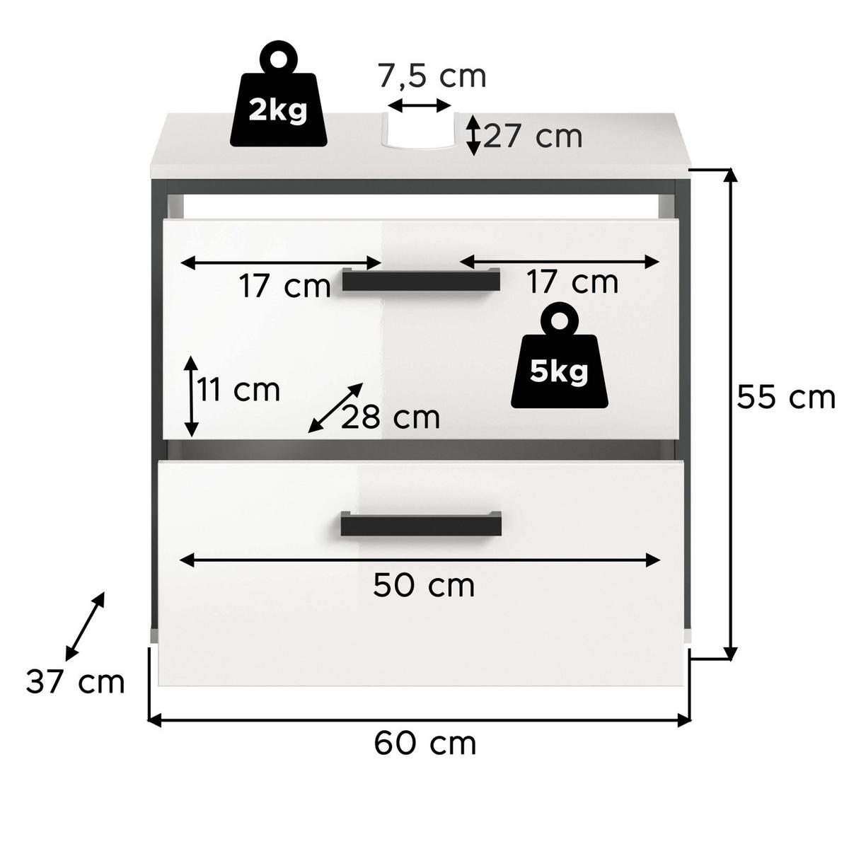 WASCHBECKENUNTERSCHRANK weiß Hochglanz, grau 60 cm, Unterschrank mit Schubkästen - Weiß Hochglanz/Schwarz, Holzwerkstoff/Kunststoff (60/55/37.5cm) - Inn.Furn