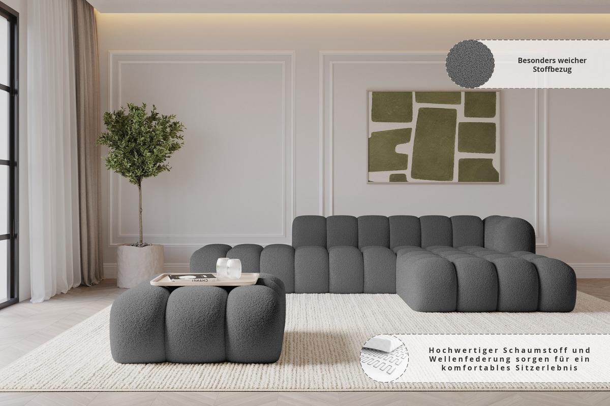 POUF OLEA-PUF 91x87x44 cm Grau Bouclé Modular Sitzhocker - Graubraun/Schwarz, Holzwerkstoff/Kunststoff (91/44/87cm) - ALTDECOR