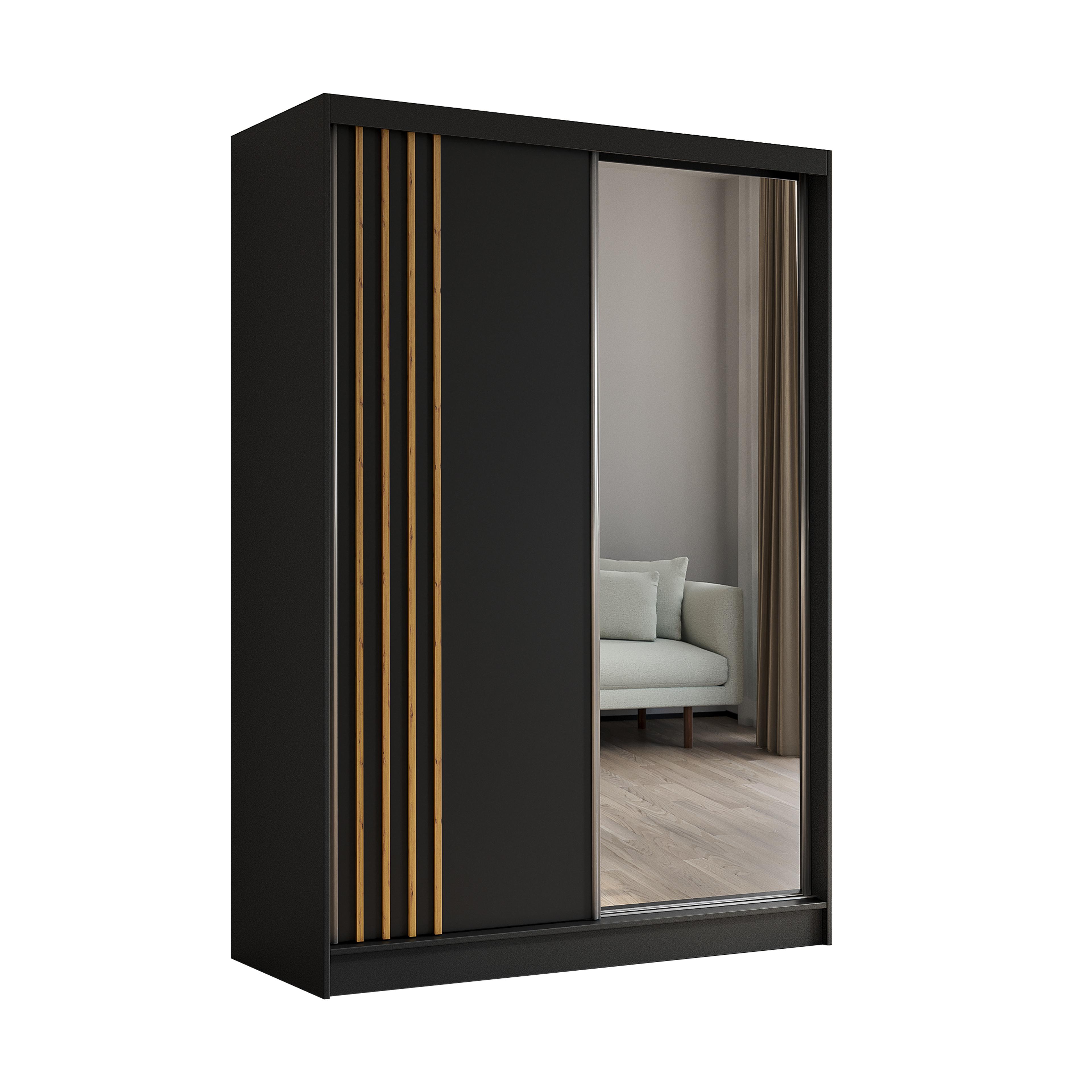 KLEIDERSCHRANK mit Spiegel-Schiebetüren und Aluminium-Leisten, LED-Beleuchtung - NALLA - 150 cm Schwarz+Schwarz+Artisan - Anthrazit/Eiche Artisan, Holzwerkstoff (150/216/61cm) - ALTDECOR