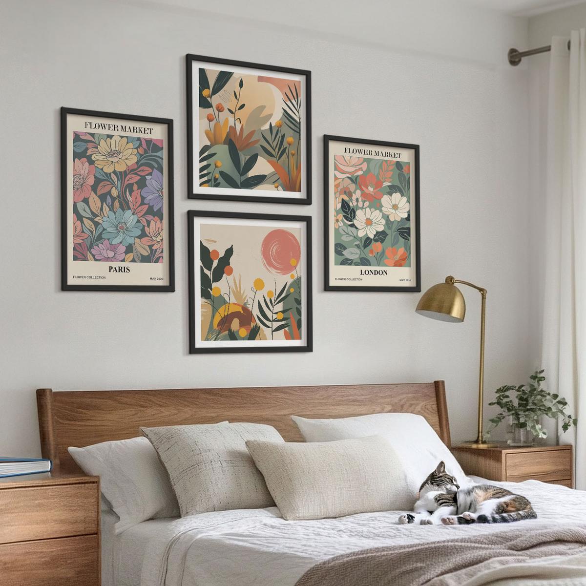 BILDER SET 4er Set - 50x50 cm & 40x60 cm Schwarzer Rahmen - Blumenposter Paris London - Schwarz, Kunststoff (50/50cm) - TULUP
