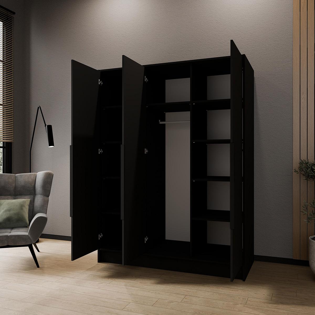 DREHTÜRENSCHRANK Laro mit Spiegel, Schwarz mit mit schwarzen Griffen, 150 cm - Schwarz, Holzwerkstoff (150/200/51cm) - Beautysofa